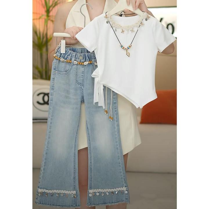 女童不规则短袖牛仔裤套装2025夏款波西米亚风T恤流苏微喇叭裤子8