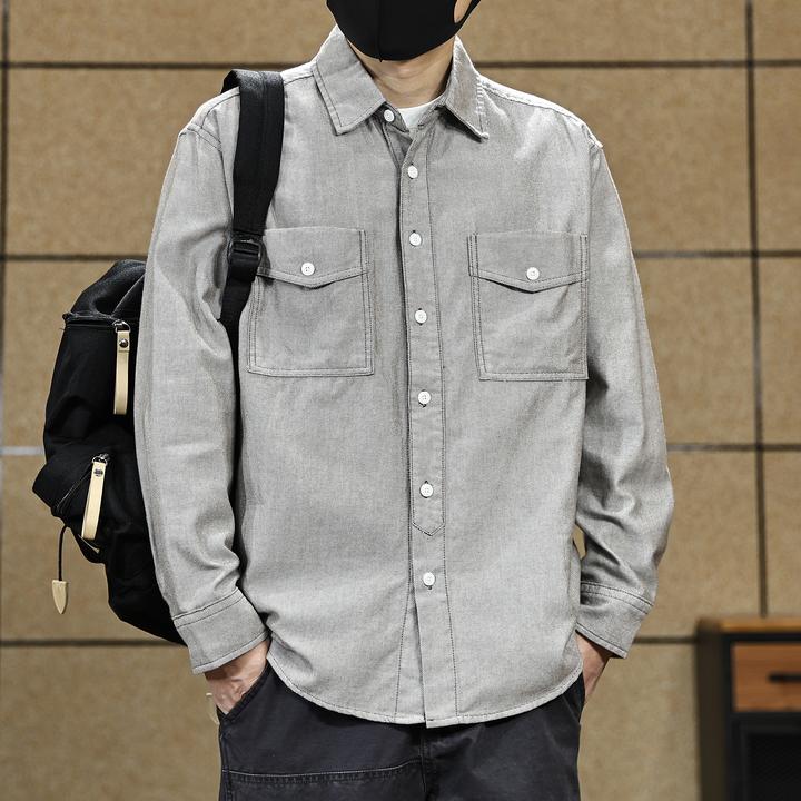 高级感秋季新款美式休闲纯棉衬衫男宽松休闲翻领口袋衬衣外套男装