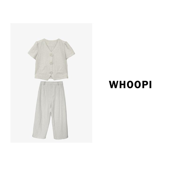 【Whoopi】【木槿风吟】法式手工玫瑰钩花套装亚麻原色直筒裤