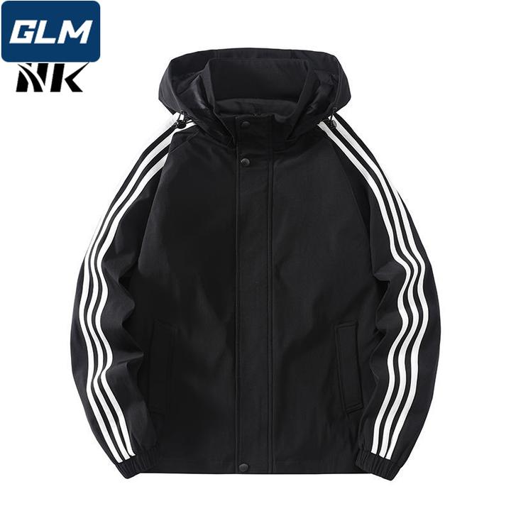 【运动品牌】25春秋款男女三条杠夹克运动可拆卸帽休闲防风宽松外套