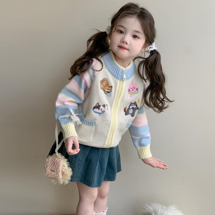 女童2025秋季新款儿童潮流洋气时尚中小童多巴胺小猫条纹毛衣开衫
