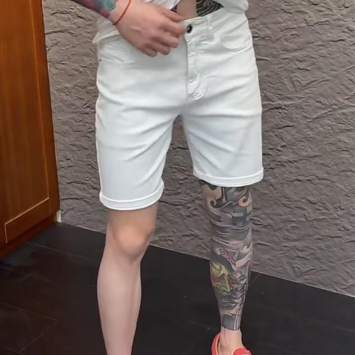 欧洲站夏季白色牛仔短裤男修身潮牌百搭弹力时尚轻奢五分裤男