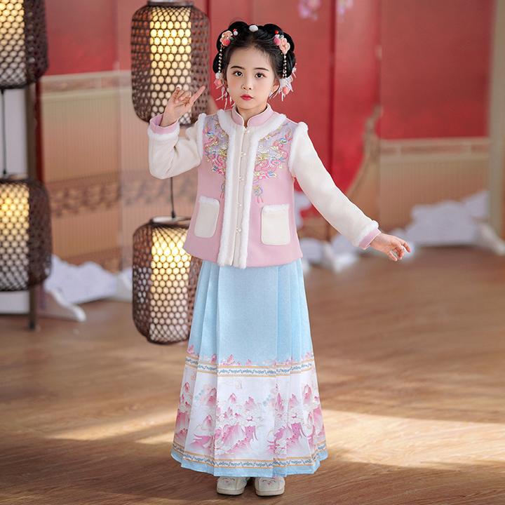 女童汉服冬装2024新款秋冬公主儿童拜年服裙子加绒喜庆两件套裙装