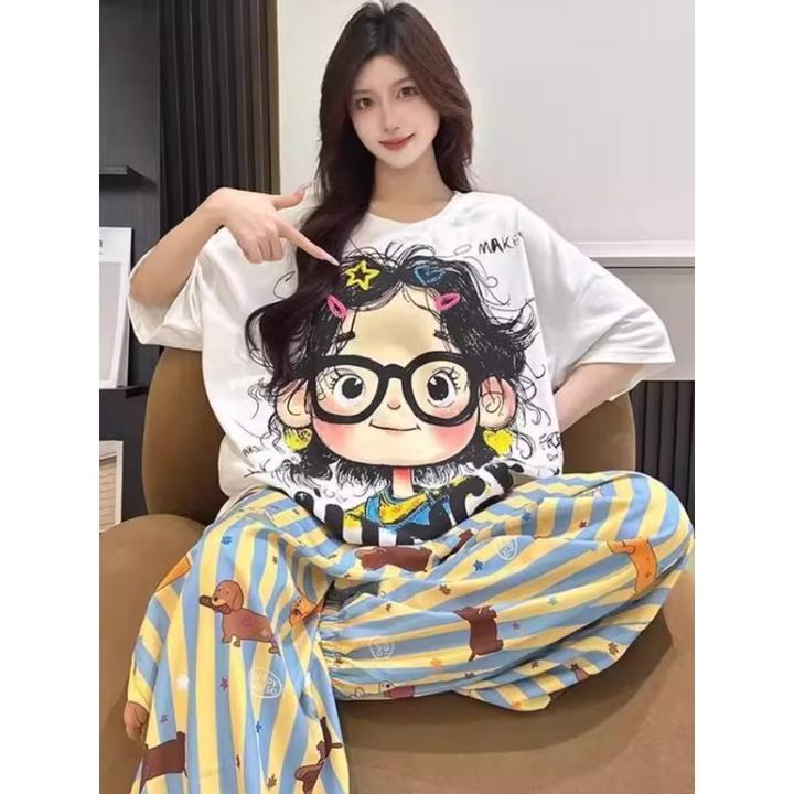 可爱卡通女孩印花短袖睡衣女款夏季慵懒宽松大码家居服套装可外穿