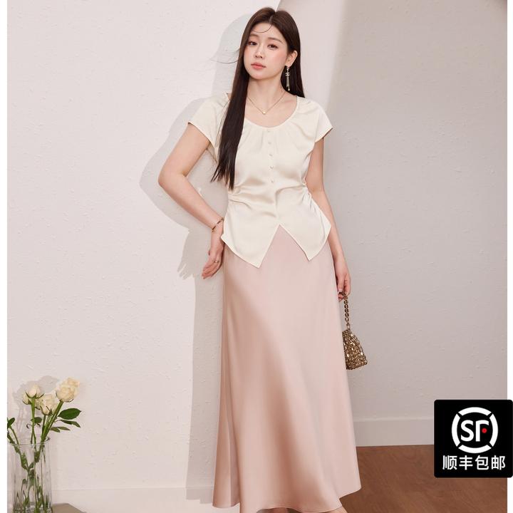 蓝语大码女装优雅短袖小衫垂感显瘦半身裙夏季新款两件套11261