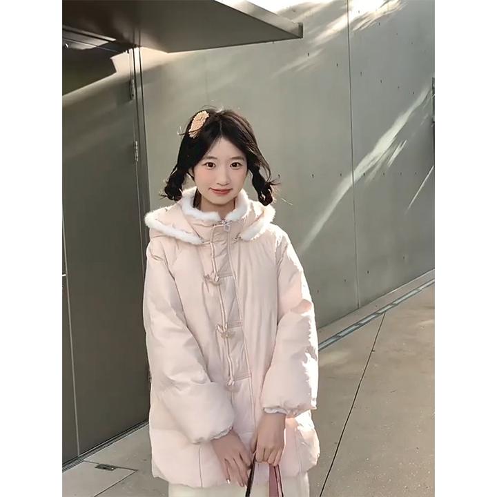 学院风韩系粉色面包服女装2025冬季连帽质感宽松通勤小众棉服外套