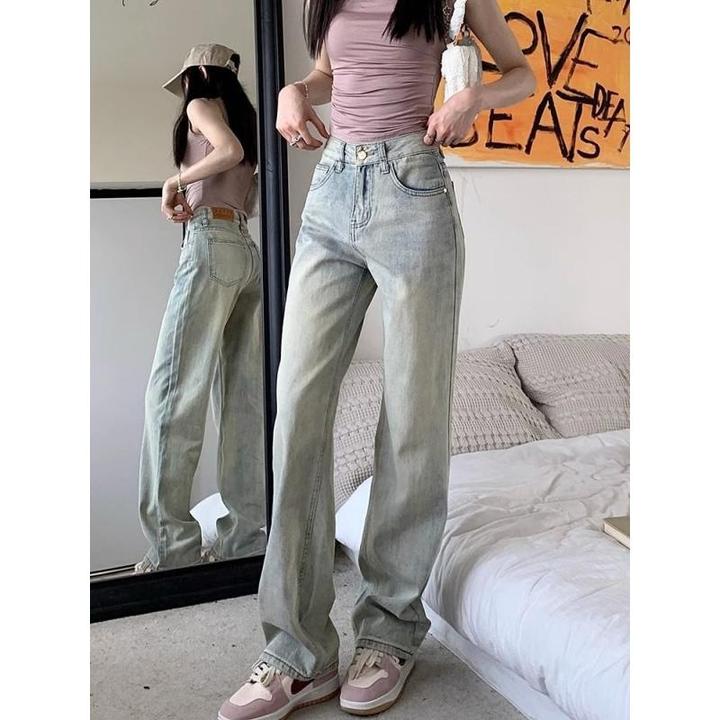 复古高街黄泥牛仔女裤春夏季高腰阔腿裤宽松显瘦窄版直筒修身长裤