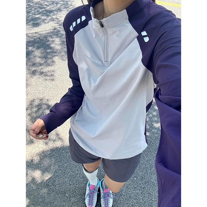 半拉链撞色防晒速干长袖女夏季薄款户外跑步凉感t恤羽毛球骑行服