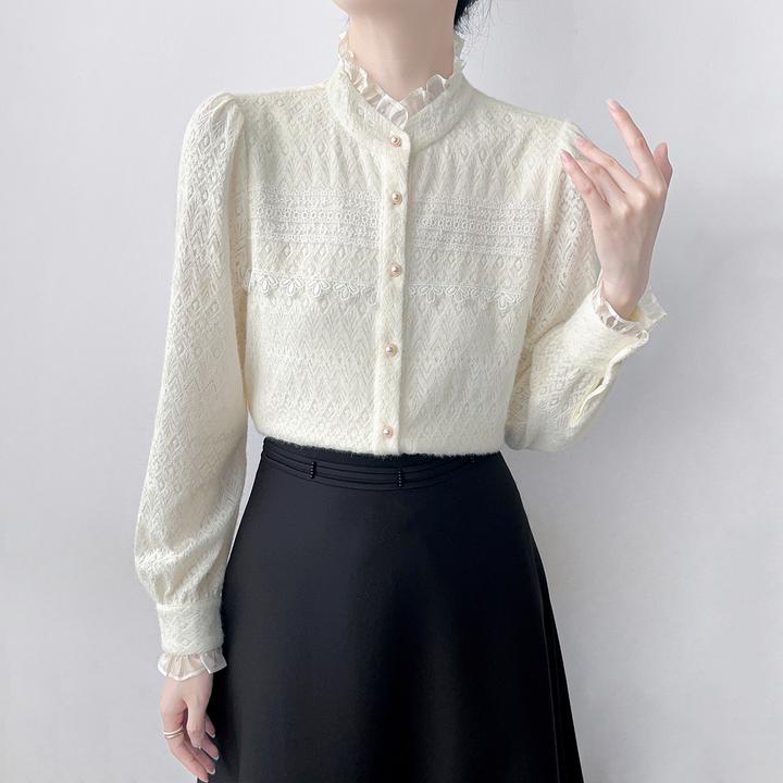 Q699法式立领蕾丝花边显瘦衬衫女加绒内搭打底衬衣设计感小众上衣