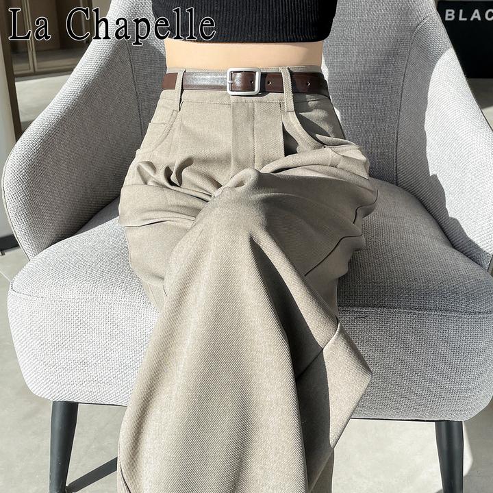 拉夏贝尔卡色西装阔腿裤女春秋新款高级感垂感小个子拖地直筒长裤