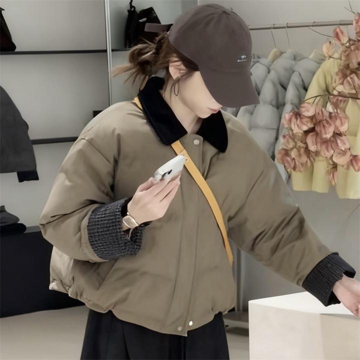 2025秋冬加厚保暖棉衣爆款洋气宽松小个子拼接翻领短款棉服外套