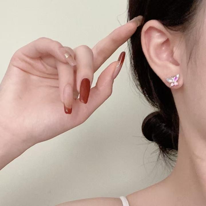 铜合金锆石耳饰 小众不对称蝴蝶十字锆石耳钉辣妹简约百搭精致