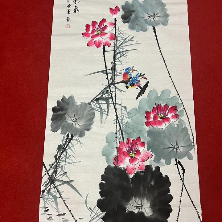 434四尺65x135cm清风和气荷花双翠玄关书房客厅办公室手工装饰画