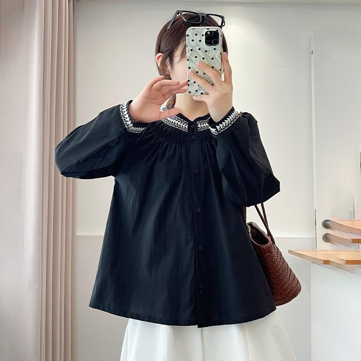 大码女装早秋新款时尚长袖衬衫女宽松显瘦胖mm洋气遮肉刺绣上衣服