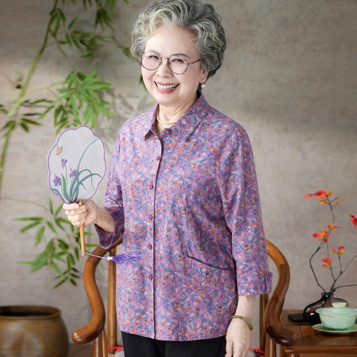 中老年人妈妈夏季纯棉衬衫奶奶夏装宽松全棉衬衣60岁70老太太衣服