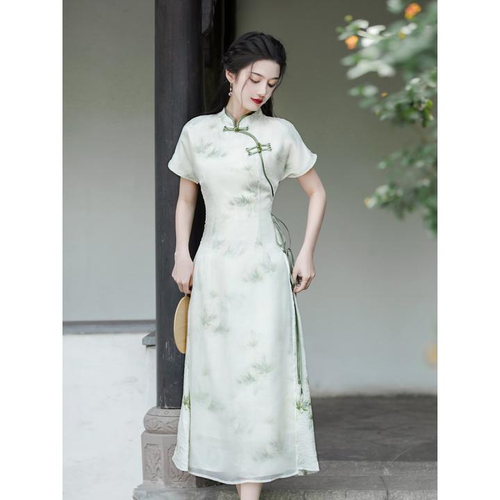 绿色小清新改良旗袍年轻款少女气质高端小个子连衣裙2025新中式夏