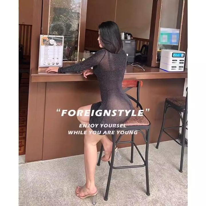 性感夜店装弯腰透视裙女户外露出裙法式亮丝修身连衣裙包臀擦边裙