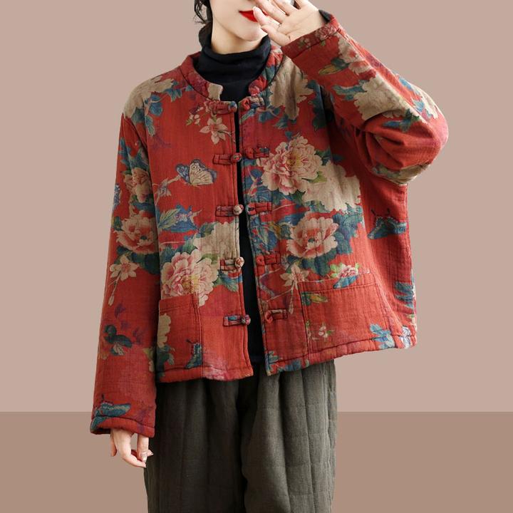 中国风复古棉麻印花加厚棉衣小外套冬季新款保暖立领短款棉服上衣