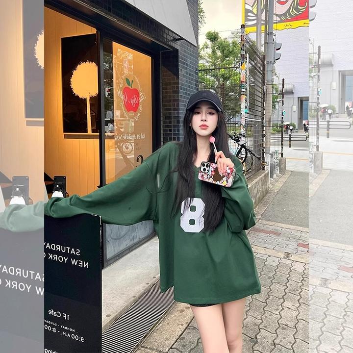 美式潮流高街中长款绿色V领卫衣女2025秋季薄款休闲数字印花上衣