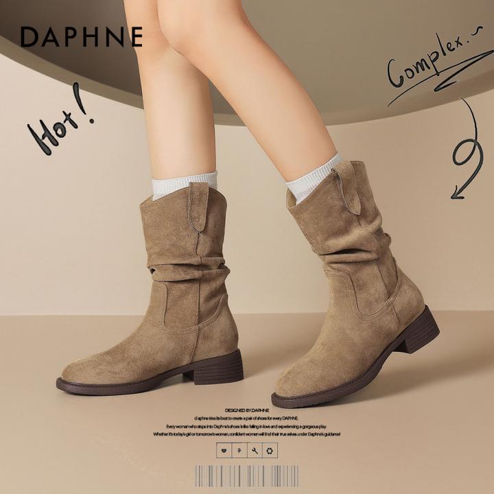 达芙妮网红爆款粗跟堆堆靴女款2025秋季百搭靴子美拉德西部牛仔靴