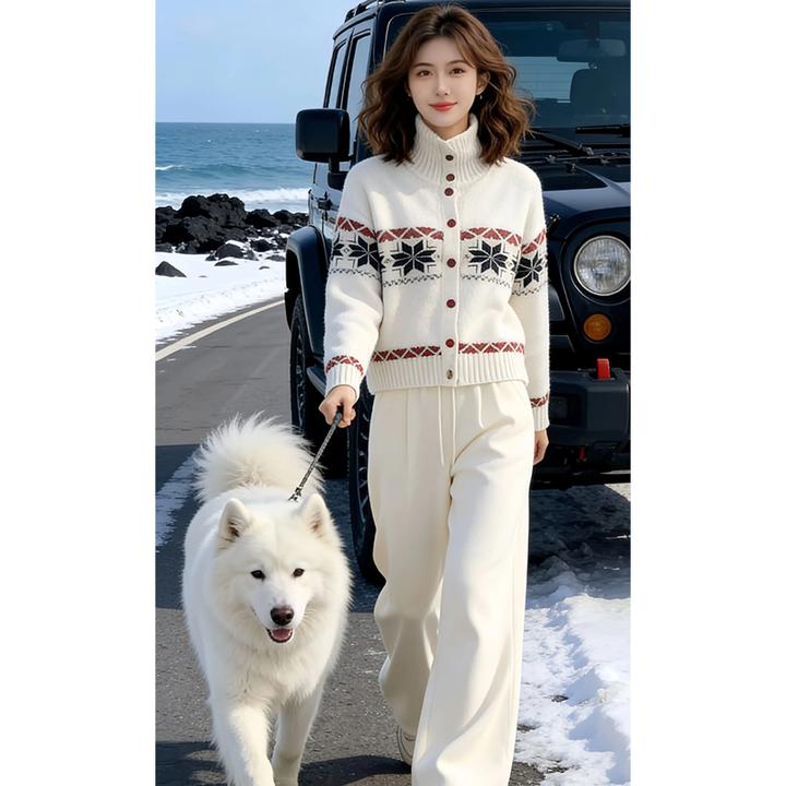 韩版撞色提花高领单排扣针织开衫女2025冬季新款减龄毛衣外套上衣