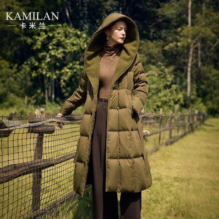 [鹅绒]卡米兰中长款连帽羽绒服女2025冬季新款保暖鹅绒服羽绒外套
