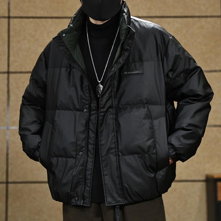 高级感90白鸭绒立领PU皮衣羽绒服男士潮牌宽松冬季抗寒保暖外套男