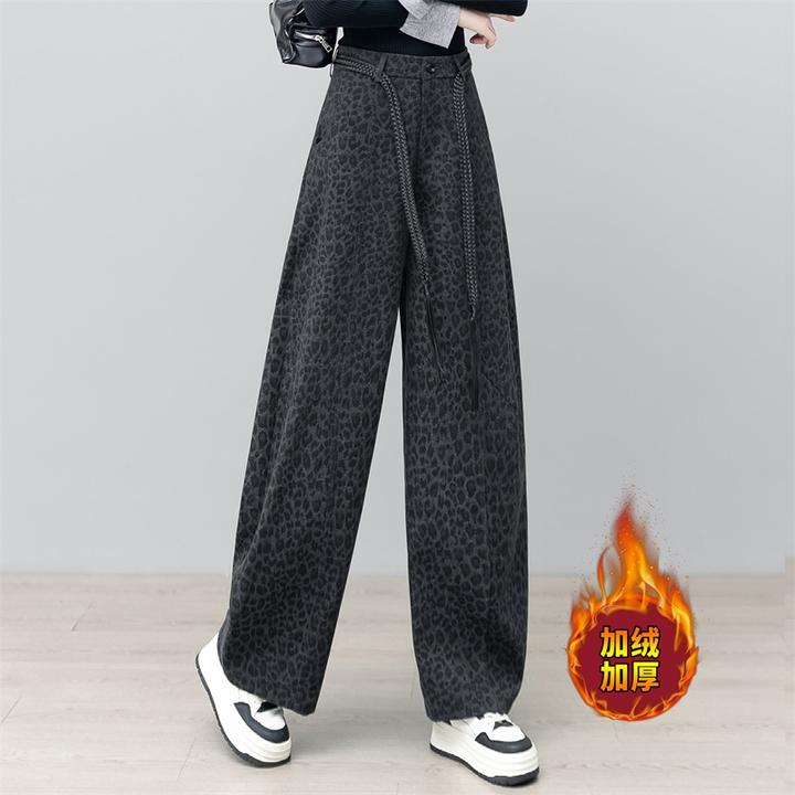 拉夏贝尔豹纹加绒毛呢弯刀裤女2025秋冬新款时尚高腰宽松显瘦垂感