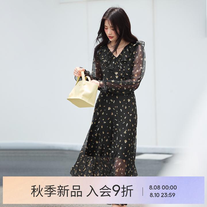 伊芙丽显瘦斜丝版V领荷叶边前开叉百搭连衣裙2025秋新款1G8993921