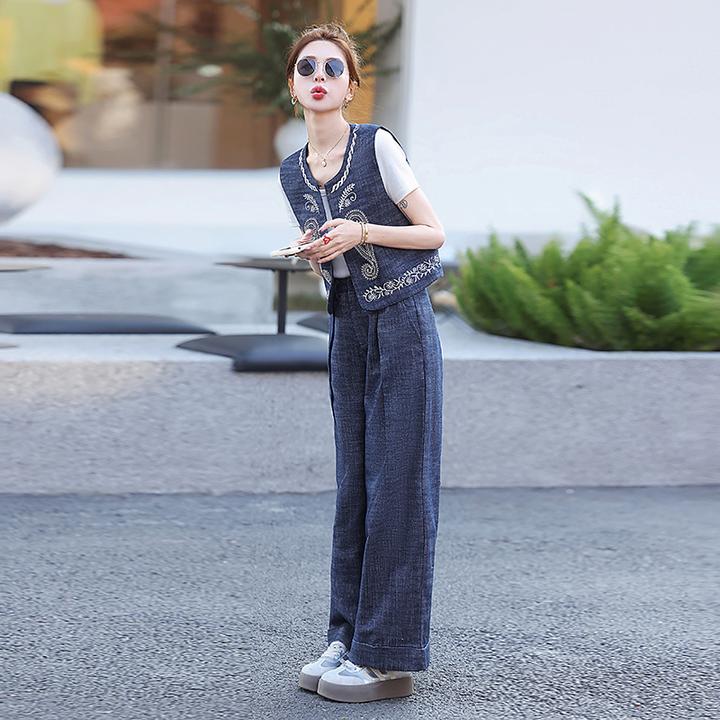 高级感复古刺绣牛仔套装女2025夏季新款休闲无袖马甲阔腿裤两件套