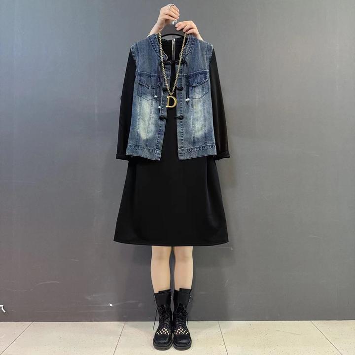 大码新款新中式盘扣牛仔马甲圆领打底裙国风两件套