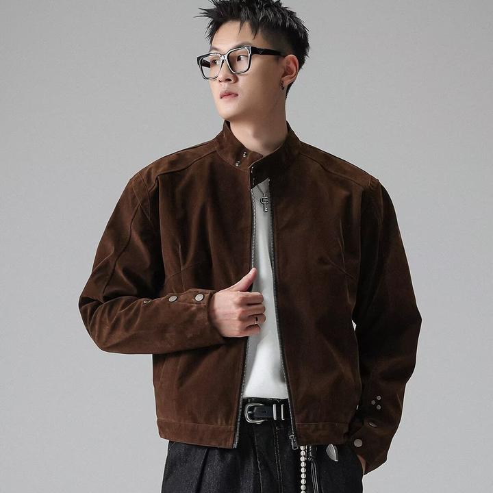秋季新款复古绒皮立领哈灵顿夹克外套男女宽松短款正肩上衣时尚