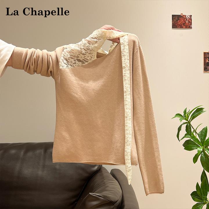 拉夏贝尔纯欲风半高领蕾丝镂空内搭针织衫女秋冬修身显瘦系带上衣