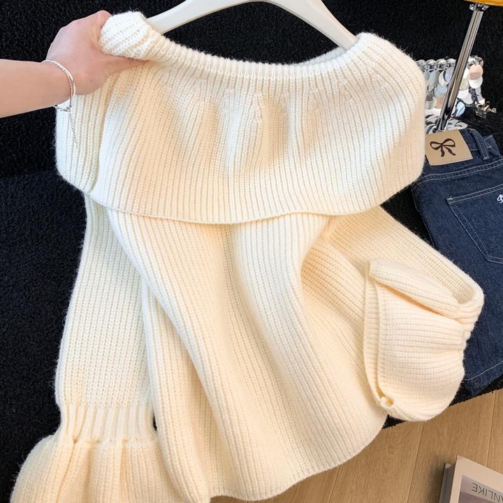 荷叶边一字肩喇叭袖红色露肩毛衣秋冬新款时尚气质穿搭设计感上衣