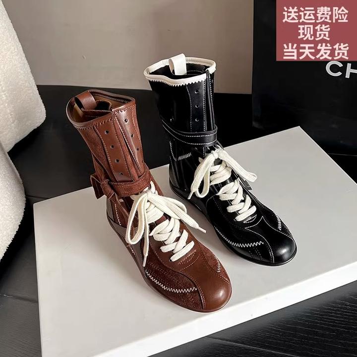 牛皮版~真皮复古增高猎鸭靴女户外绑带运动马丁靴平底拳击靴潮