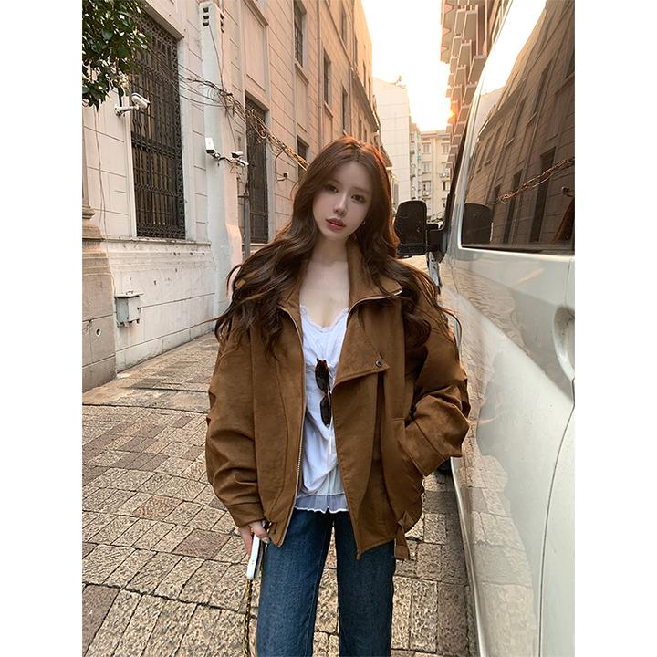 复古港风美拉德双领机车服外套女秋季新款宽松版型显瘦夹克上衣潮