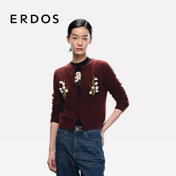 【羊绒立体花束】ERDOS 勃艮第酒红针织开衫【铃兰花语】