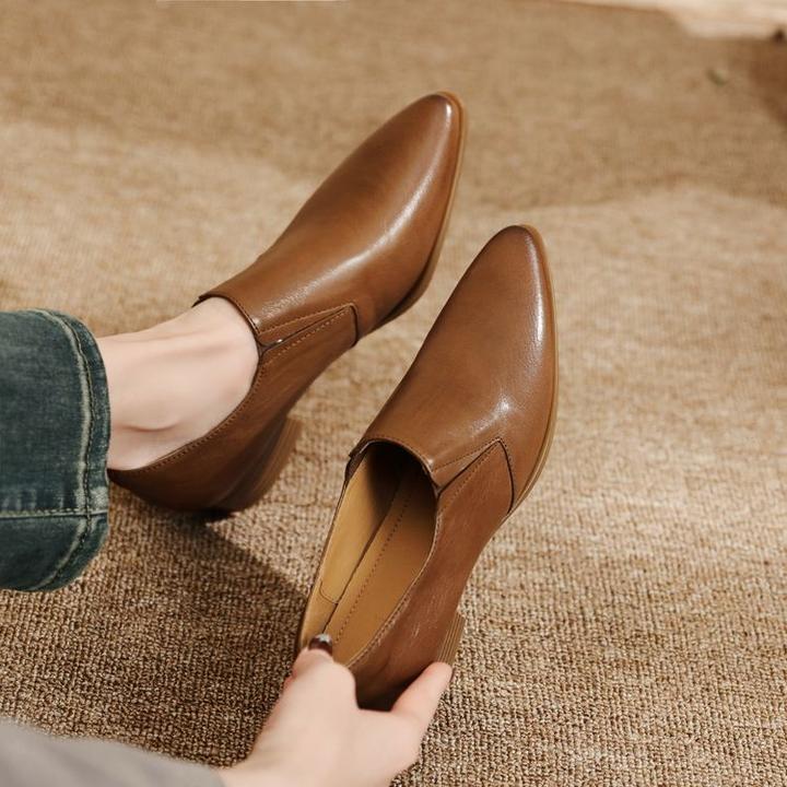 3cm~法式通勤深口单鞋女2025春秋尖头真皮羊皮一脚蹬舒适小皮鞋女