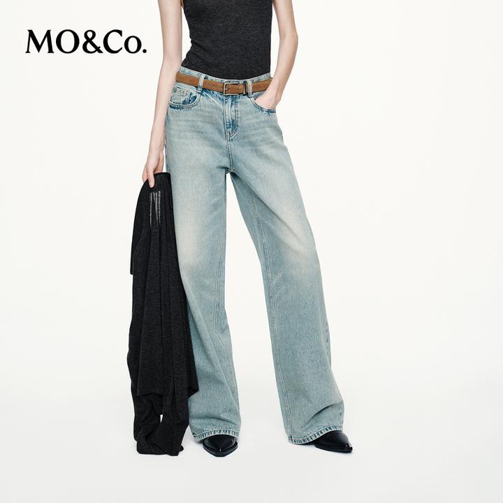 【moco神裤】牛仔裤2025秋冬新品棉质烫钻浅蓝宽松长直筒MBE3JENT09