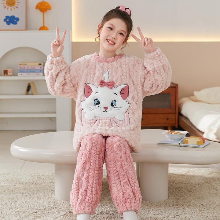 法兰绒儿童睡衣长袖加绒加厚秋冬新款女童套装大童女孩洋气家居服