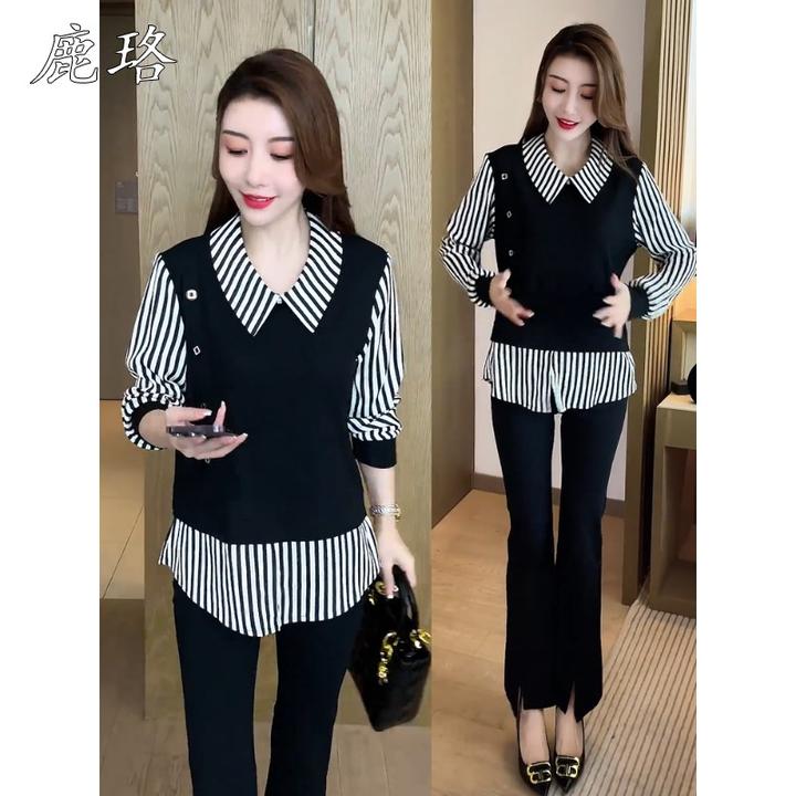 时尚洋气假两件衬衫女秋季新款宽松遮肚子显瘦条纹衬衣春秋上衣潮