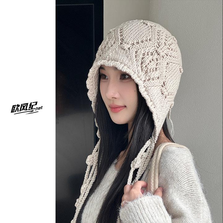 流苏毛线针织帽子女秋冬保暖护耳包头帽新款手工钩织民族风套头帽