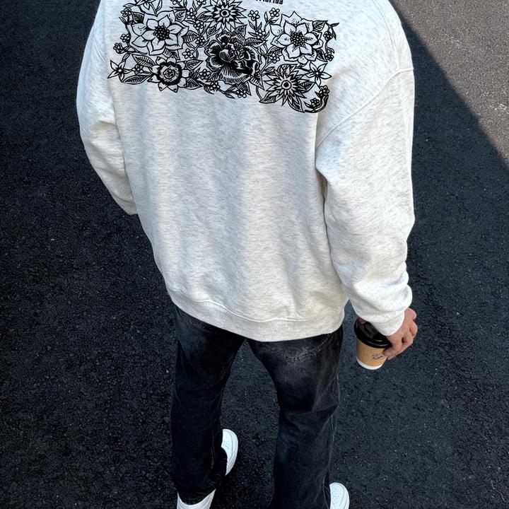秋冬季黑色圆领卫衣男加绒加厚潮流镂空花朵印花套头内搭打底长袖