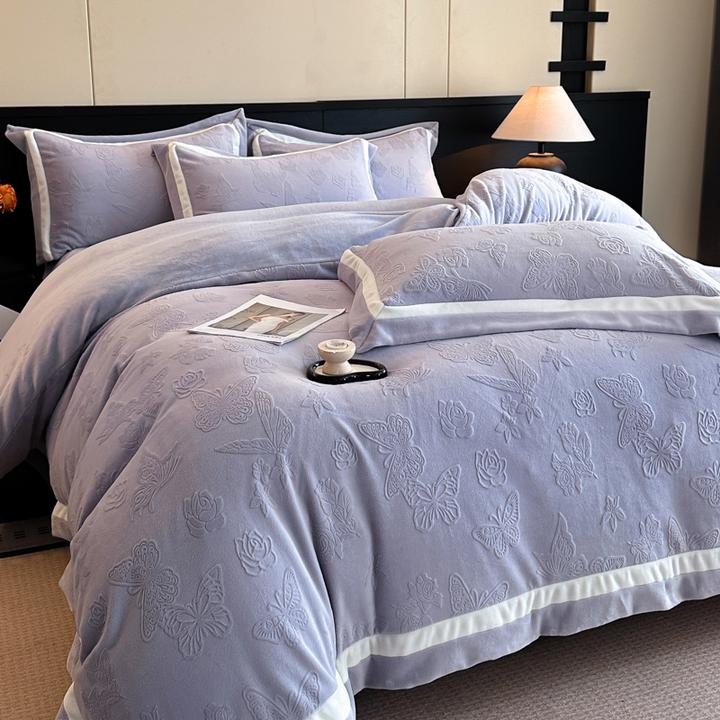 秋冬雕花绒宽边拼角牛奶绒四件套双面绒被套床单婴儿绒床上用品