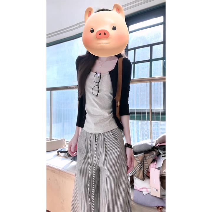 2025秋冬新款韩系穿搭修身百搭长袖开衫吊带背心高腰格纹阔腿长裤