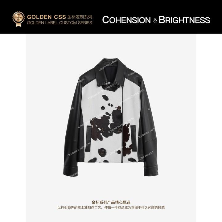 凝慧【昼夜协奏】新款时尚黑白撞色绵羊皮翻领百搭夹克短外套YA001