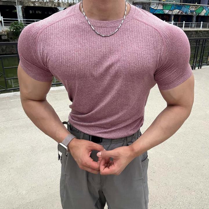 美式无缝提花运动短袖夏季纯色速干训练健身弹力修身圆领上衣T恤