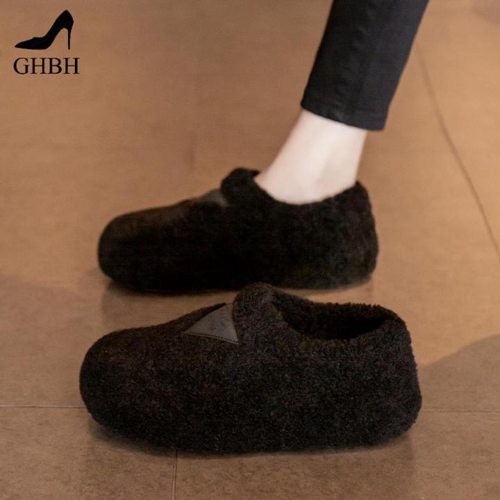 香港厚底加绒毛毛鞋女外穿新款秋冬季一脚蹬乐福棉鞋子豆豆鞋