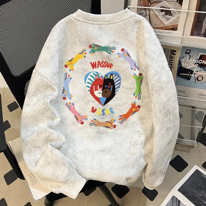 美式复古蜡染无帽卫衣男生秋冬加绒boxy百搭潮流挺阔短宽套头长袖