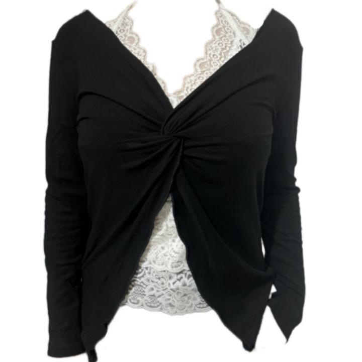 【Amy家】胖mm纯欲风假两件长袖打底衫T恤女设计感蕾丝拼接挂脖上衣